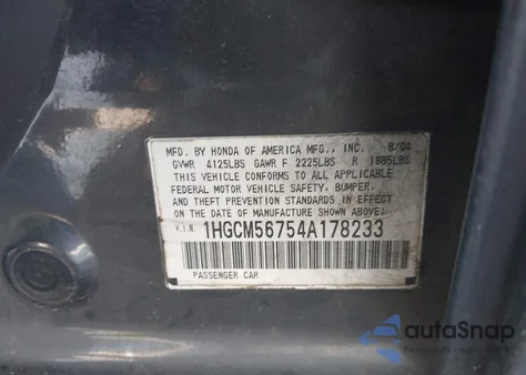 2004 Honda Accord 2.4 Ex from USA, damaged, VIN 1HGCM56754A178233